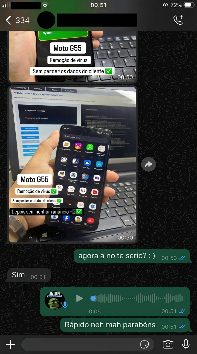 Moto G55 · vírus removido sem perder os dados do cliente.